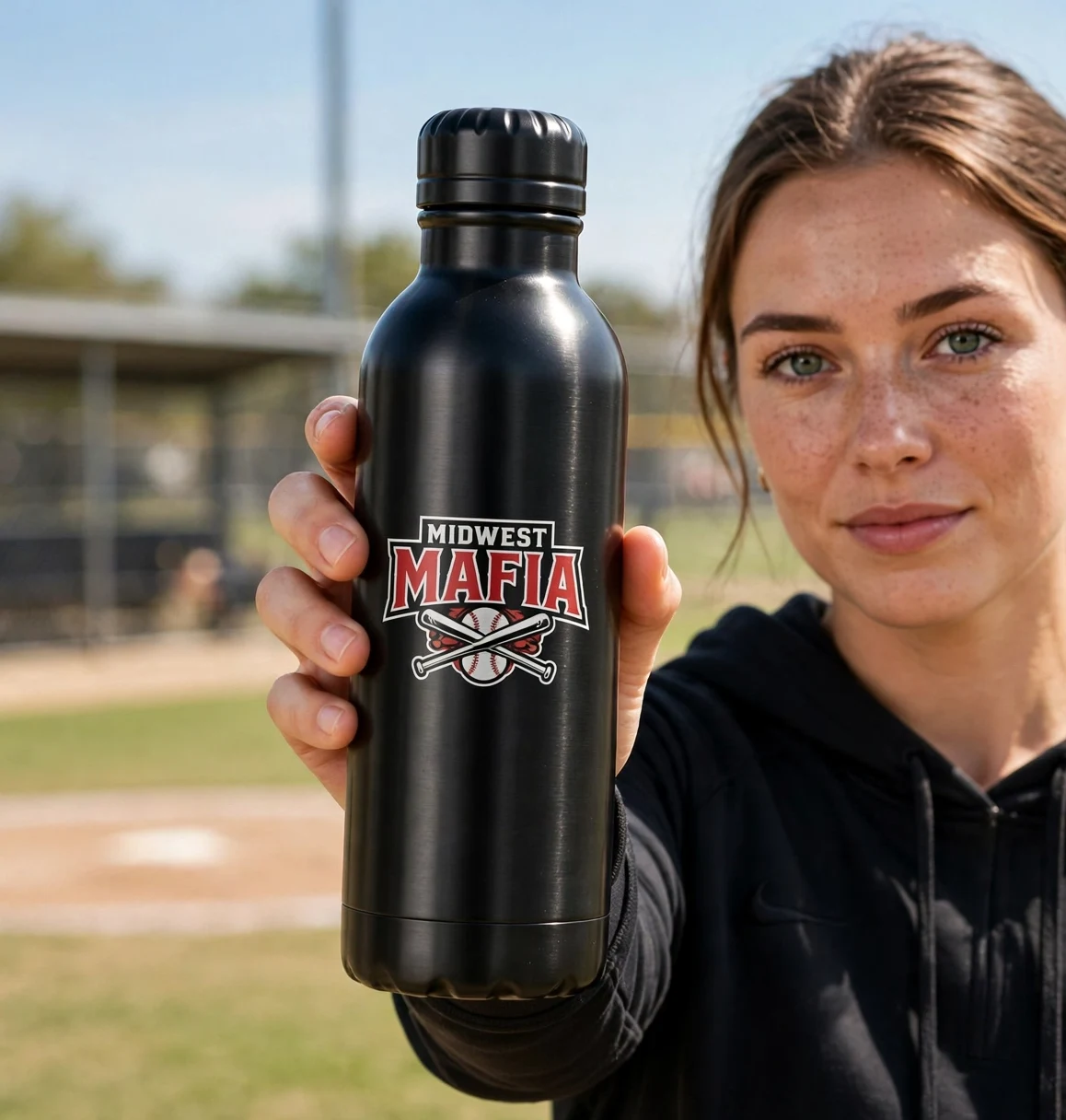 Adult softball fan holding the black Midwest Mafia water bottle at the ballfield