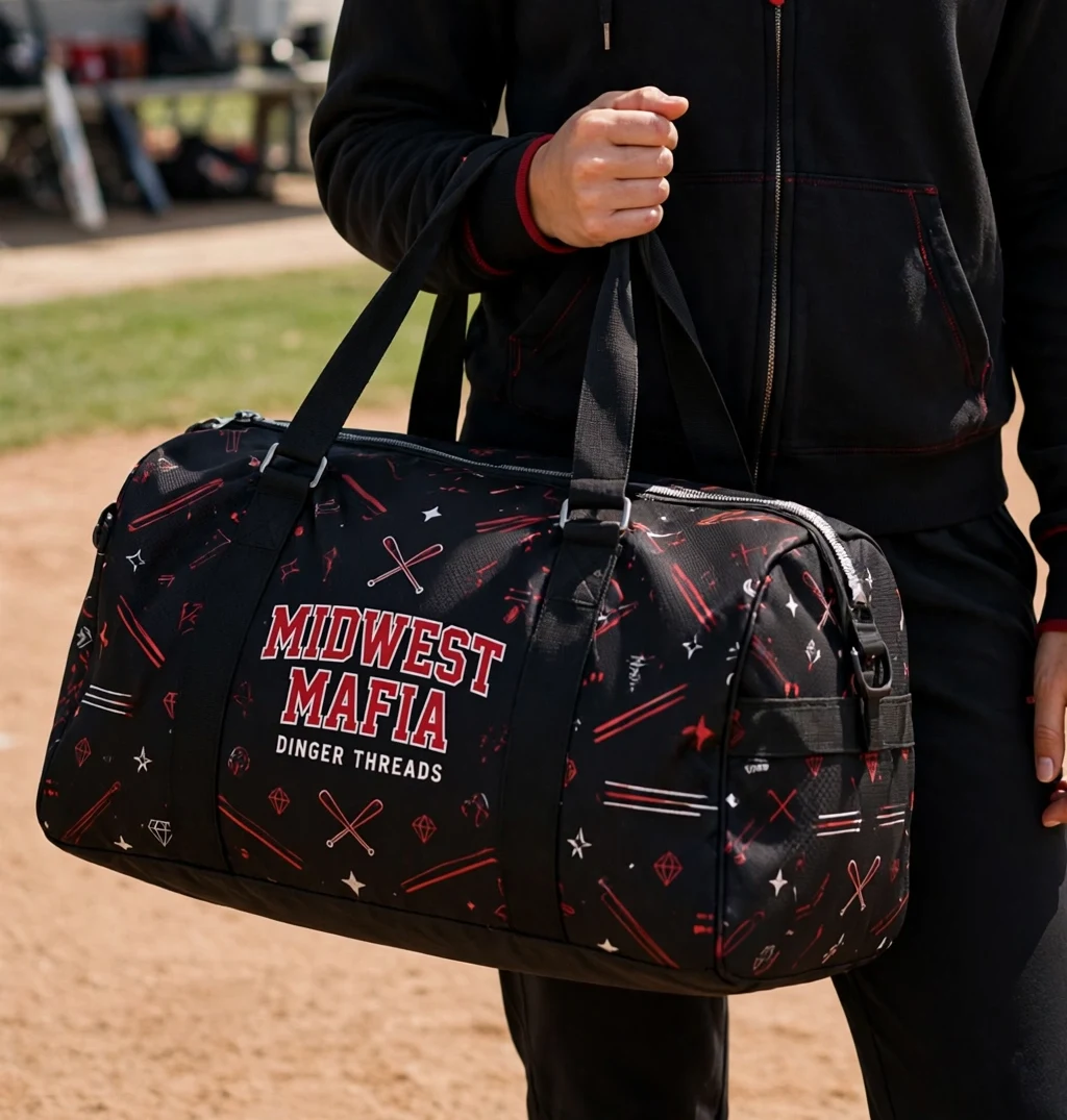 Adult softball fan carrying the black Midwest Mafia duffel bag at the ballfield