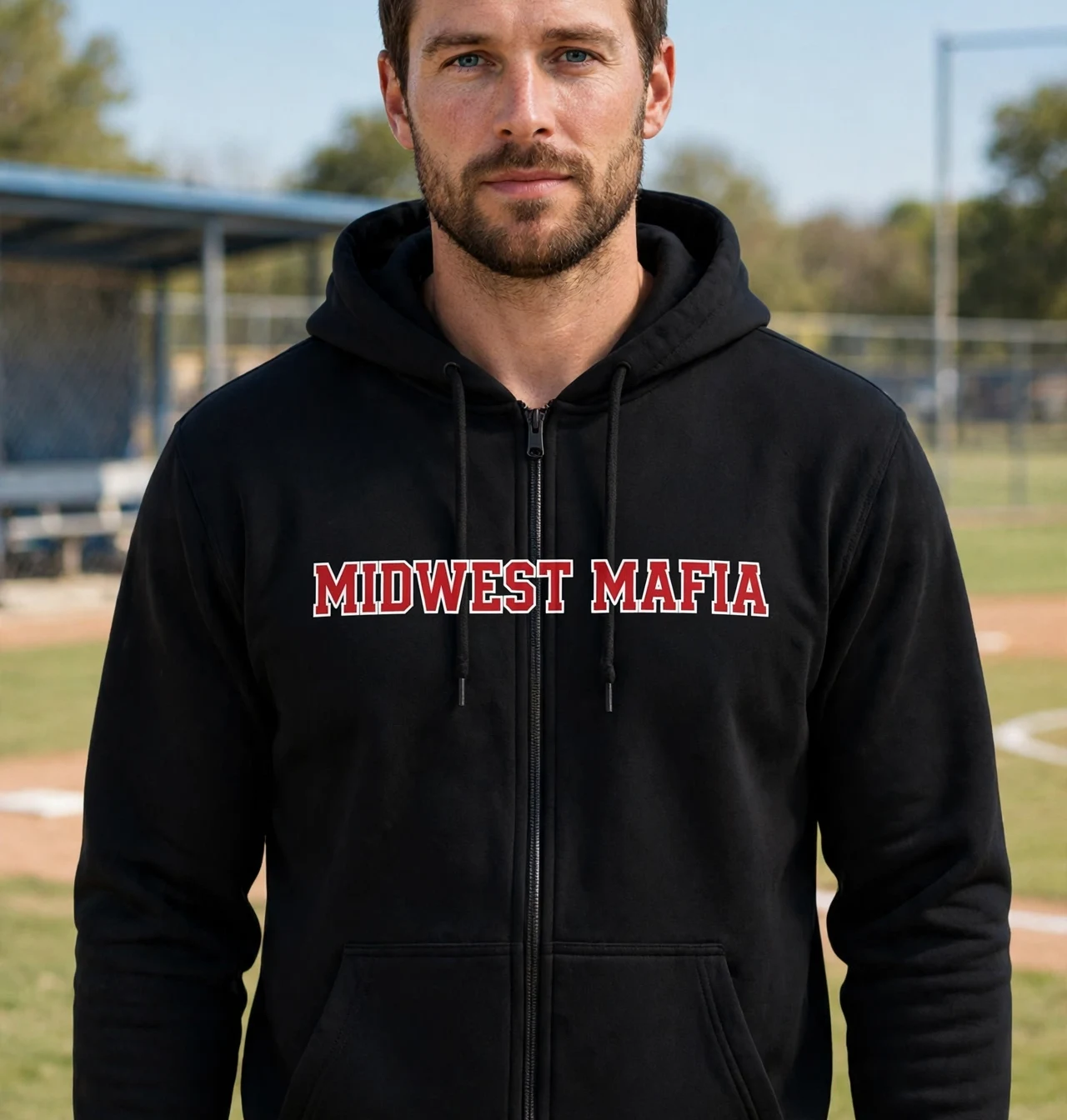 Adult softball fan wearing the black Midwest Mafia full-zip jacket at the ballfield
