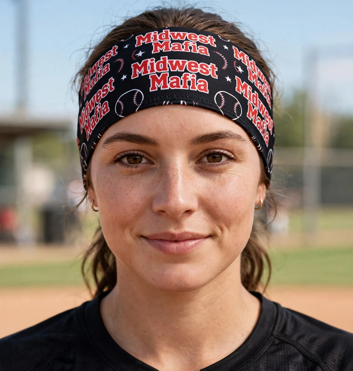 Adult softball fan wearing the black Midwest Mafia headband at the ballfield