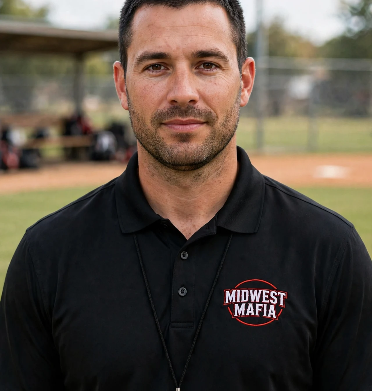 Adult softball coach wearing the black Midwest Mafia polo at the ballfield