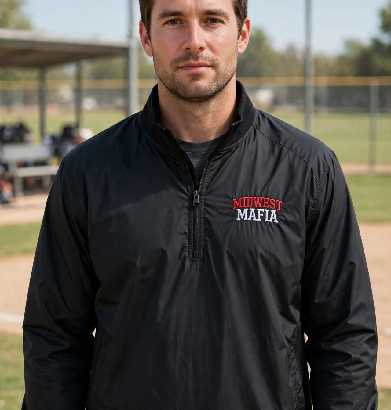 Adult softball fan wearing the black Midwest Mafia windbreaker at the ballfield